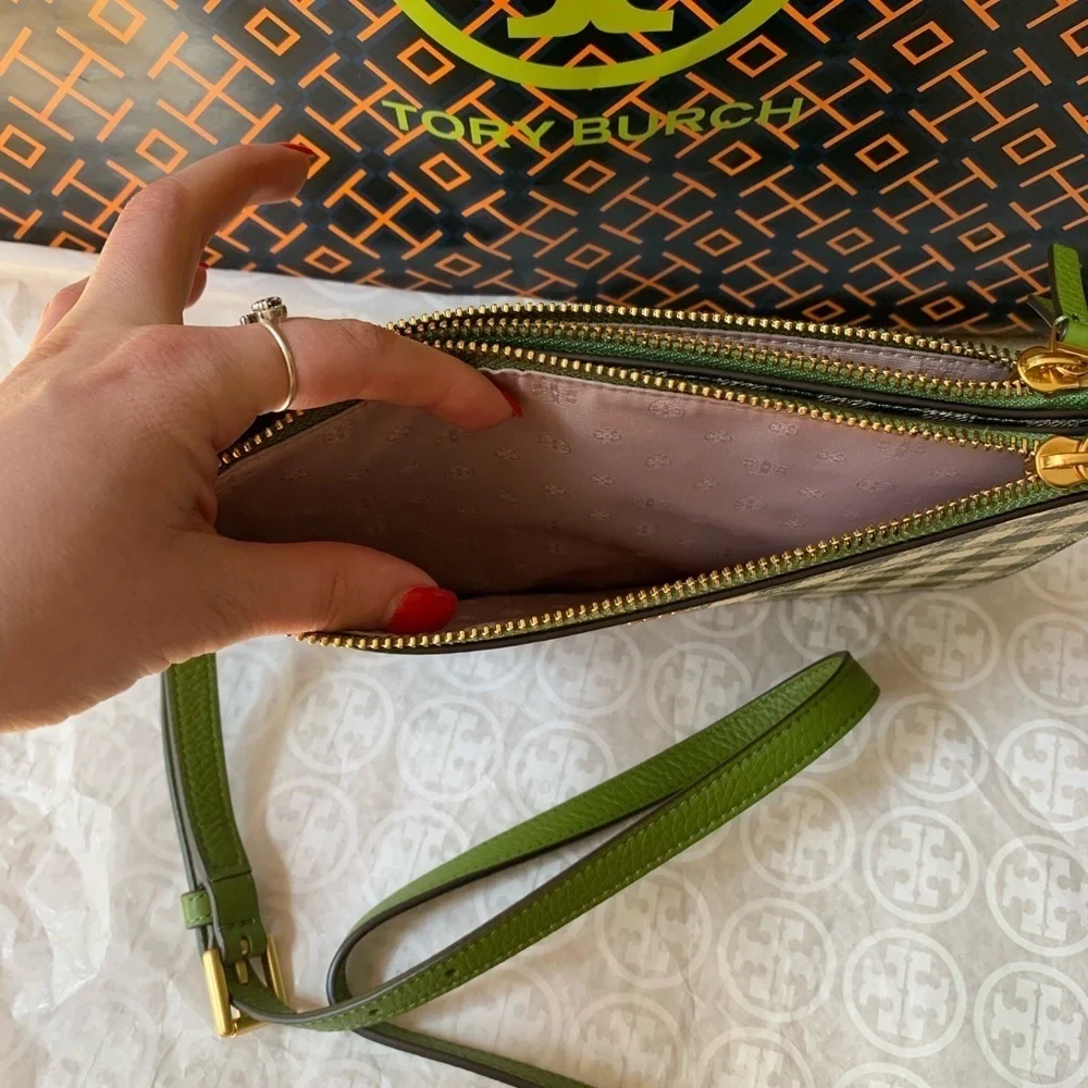Tory Burch Blake Printed Double Zip Slim Crossbody Springham Green gingham